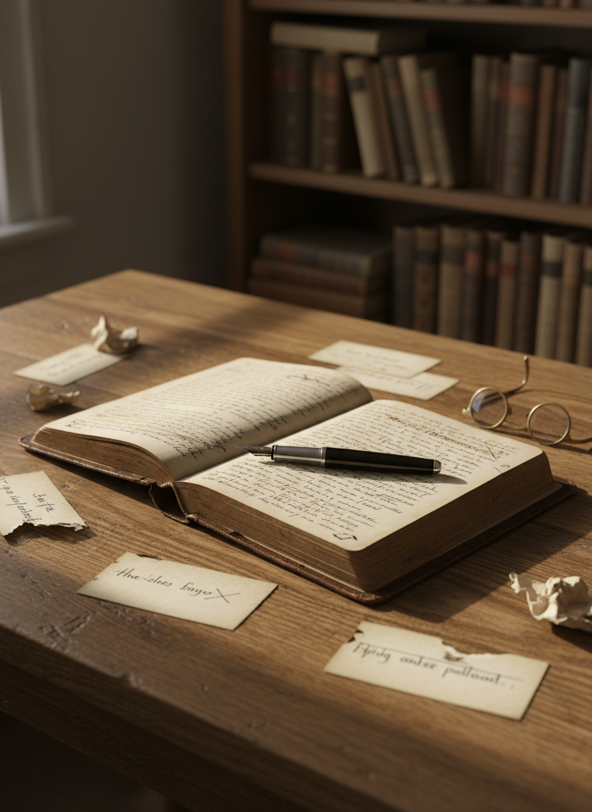 A worn, leather-bound journal lying open on an old oak desk, its cream pages filled with dense, slanted handwriting and crossed-out sentences, a fountain pen resting diagonally across the center crease. Around it, scattered index cards and a single cracked reading glass lens suggest attempts and revisions. Soft late-afternoon window light pours in from the left, illuminating the texture of the paper and casting long, thoughtful shadows across the desk’s grain. In the softly blurred background, a bookshelf of mismatched volumes fades into darkness. Photographic realism, shot at a slightly elevated angle with a shallow depth of field, creates an intimate, contemplative atmosphere that feels like entering the quiet interior of someone’s memory and reflective failure.