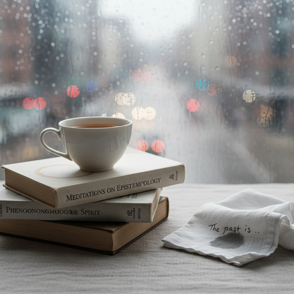 A delicate porcelain teacup, half full and cooling, sits on a small stack of dog-eared philosophy books atop a linen-covered table. A faint tea ring mars the top cover of the upper book, and a napkin with a smudged, abandoned sentence lies nearby. Outside a rain-streaked window in the background, city lights blur into soft bokeh. Gentle overcast daylight diffuses through the glass, giving everything a muted, silvery tone, with subtle highlights glancing off the cup’s rim. Photographic realism, composed using the rule of thirds from a side angle, creates a sophisticated, introspective mood, evoking the quiet elegance of reflection on mistakes, memory, and meaning.