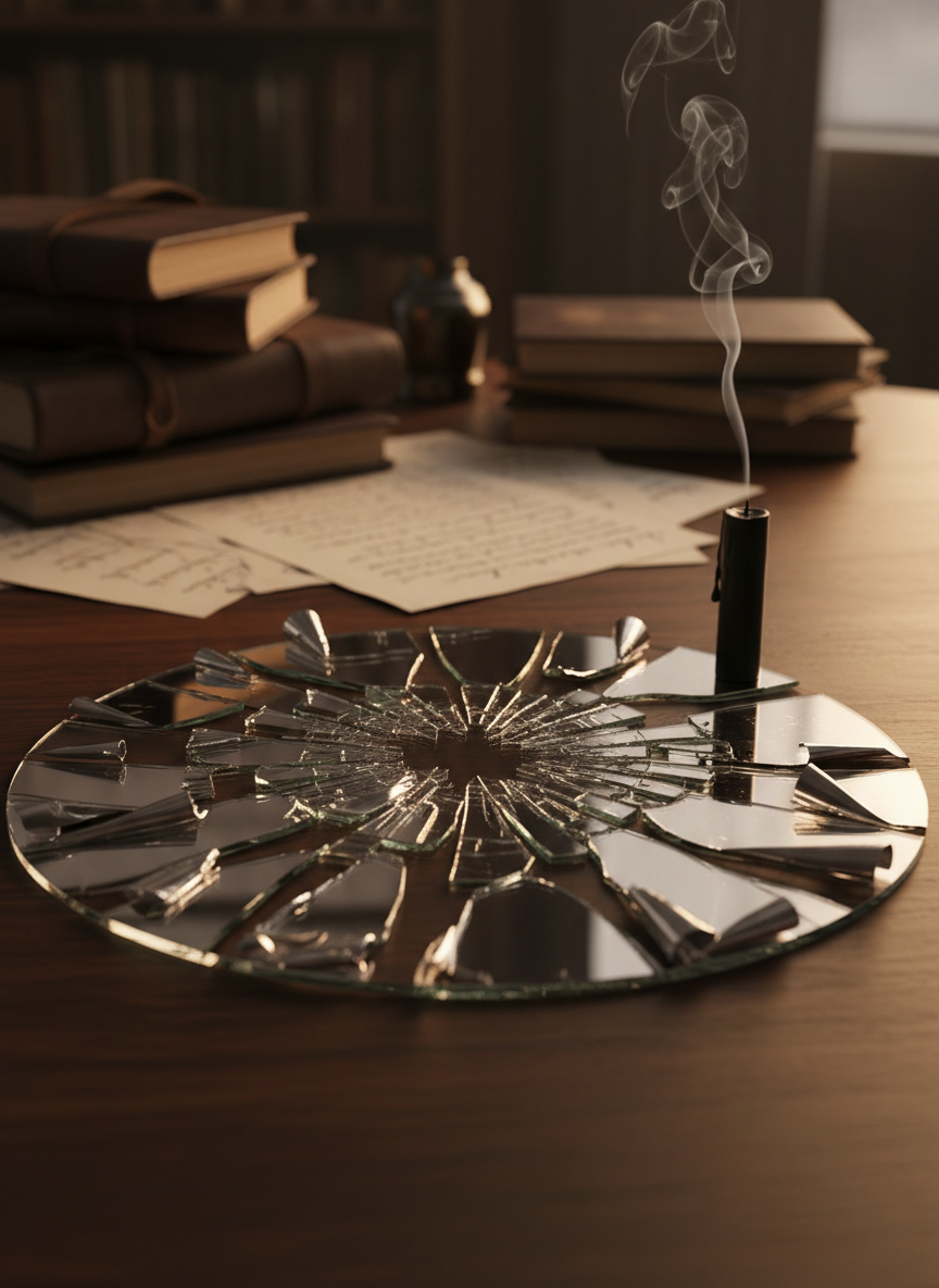 A fractured mirror lying flat on a dark wooden table, each shard reflecting a slightly different angle of a cluttered study: stacks of notebooks, scattered pages, a single extinguished candle leaving a thin curl of smoke. The mirror’s silver backing peels at the edges, catching the warm glow of a desk lamp placed just out of frame, creating subtle rim lighting on the shards and deep, layered shadows between them. Photographic realism with a dramatic, low-angle close-up emphasizes the sharp edges and intricate reflections, while the background falls into gentle blur. The atmosphere is contemplative and sophisticated, suggesting memory as a collection of imperfect fragments and beautiful failures.