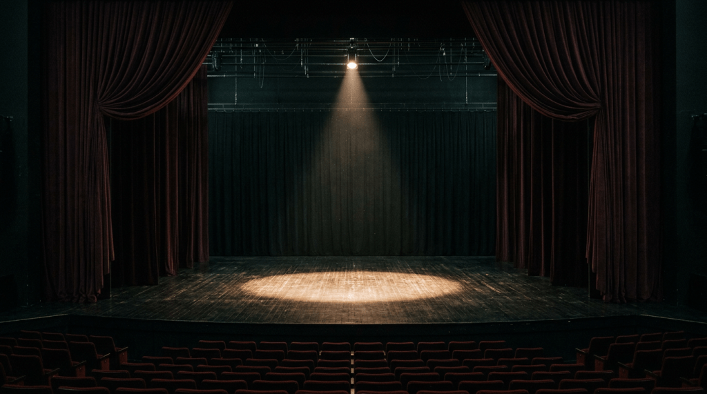 Empty theater stage with wooden floor and red curtains under a spotlight