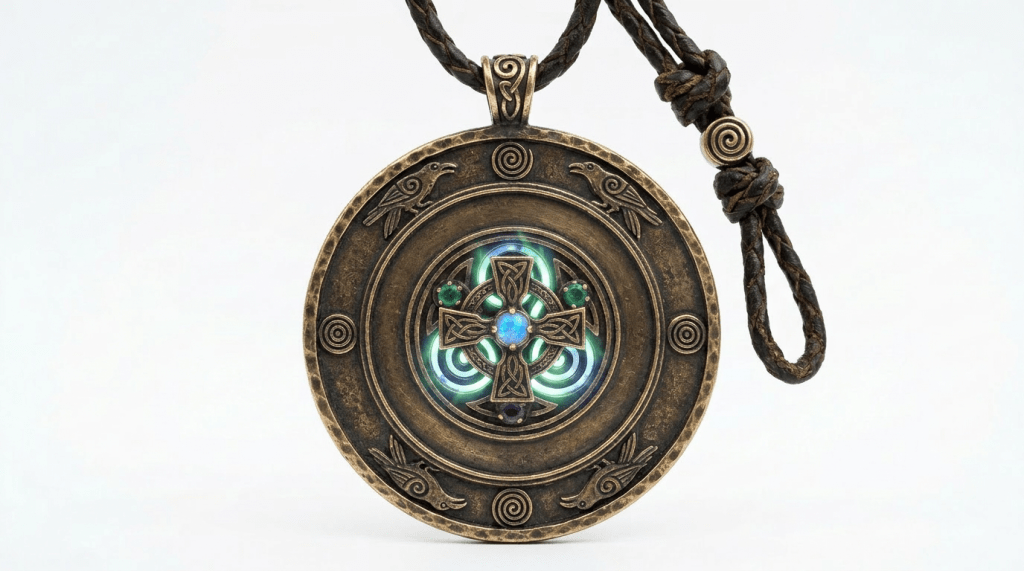 Circular Celtic pendant with glowing blue and green spirals, gemstones, and inscriptions on a braided leather cord