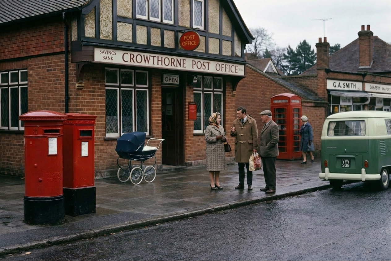 Mother pushing baby carriage near Crowthorne Post Office with vintage Bedford campervan parked
