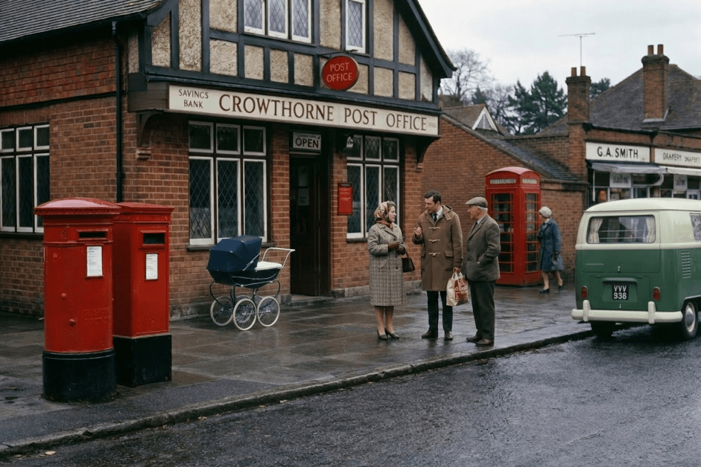 Mother pushing baby carriage near Crowthorne Post Office with vintage Bedford campervan parked