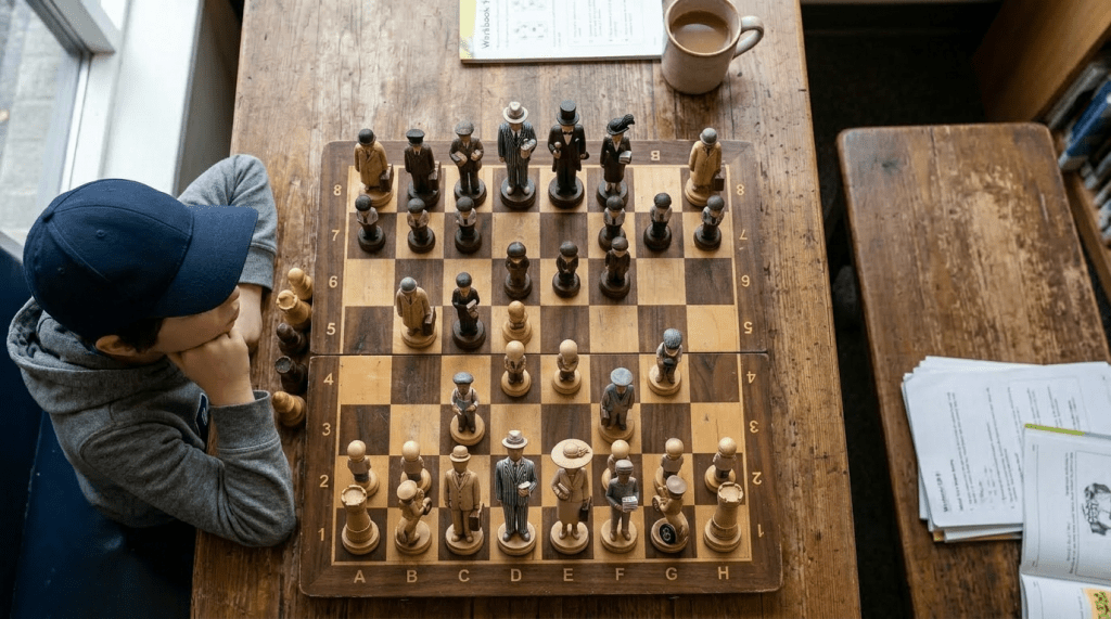 Child sitting at a table with a chessboard having pieces scattered randomly