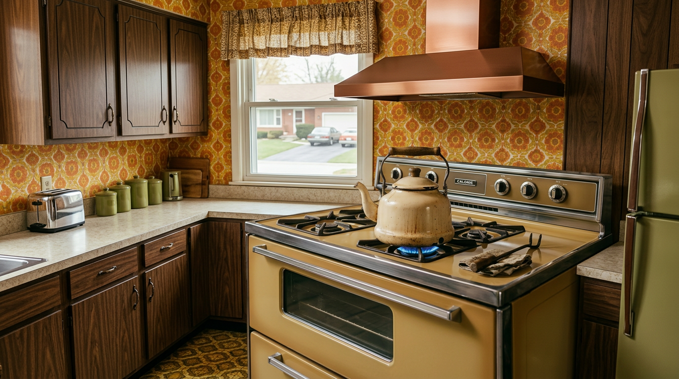 Vintage cast iron wood-burning stove with open firebox and cream-colored kettle on top