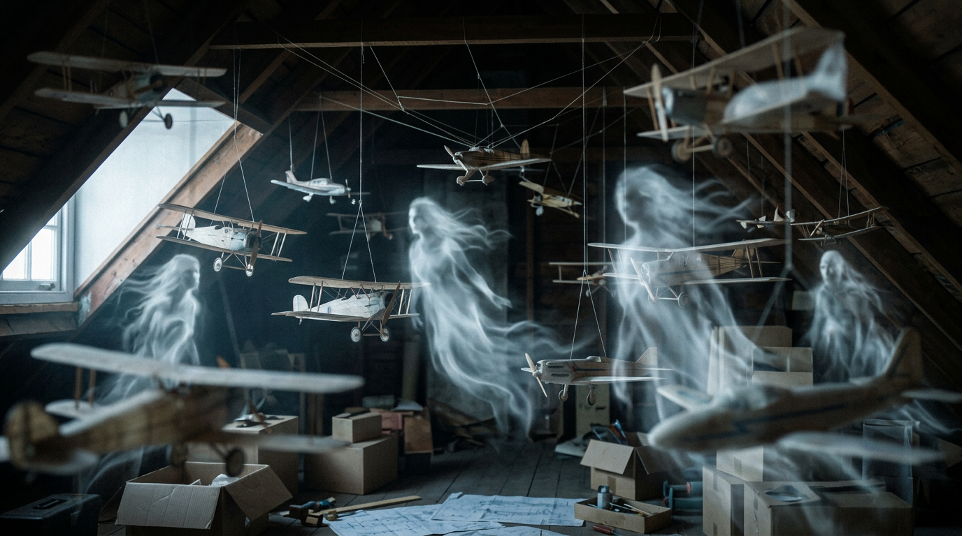 Ghostly figures surrounded by hanging vintage model airplanes in a dimly lit attic with scattered boxes